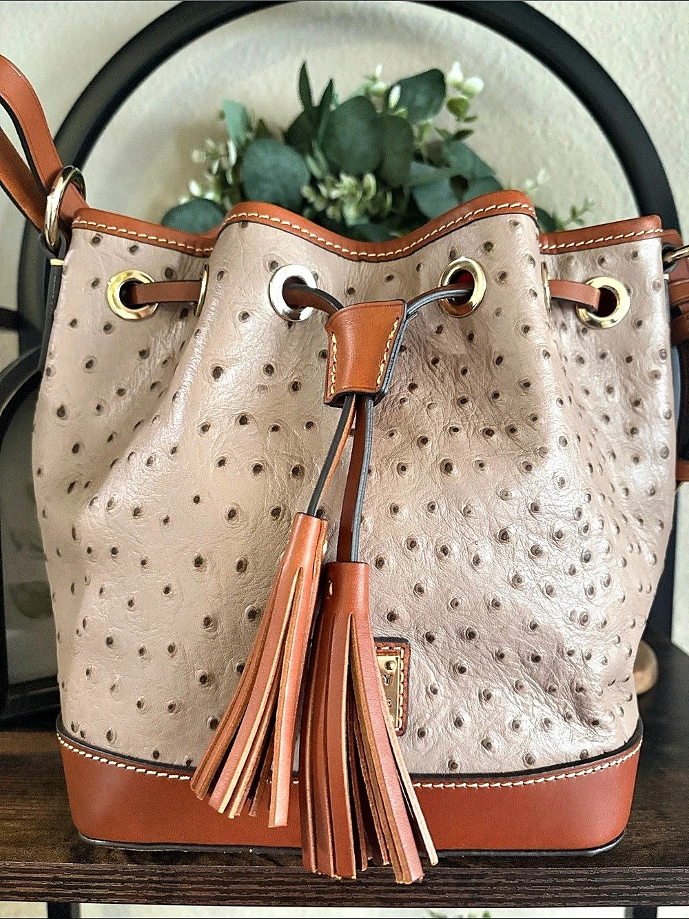 Dooney & Bourke Ostrich Small Drawstring Shoulder Bag Brown & Beige